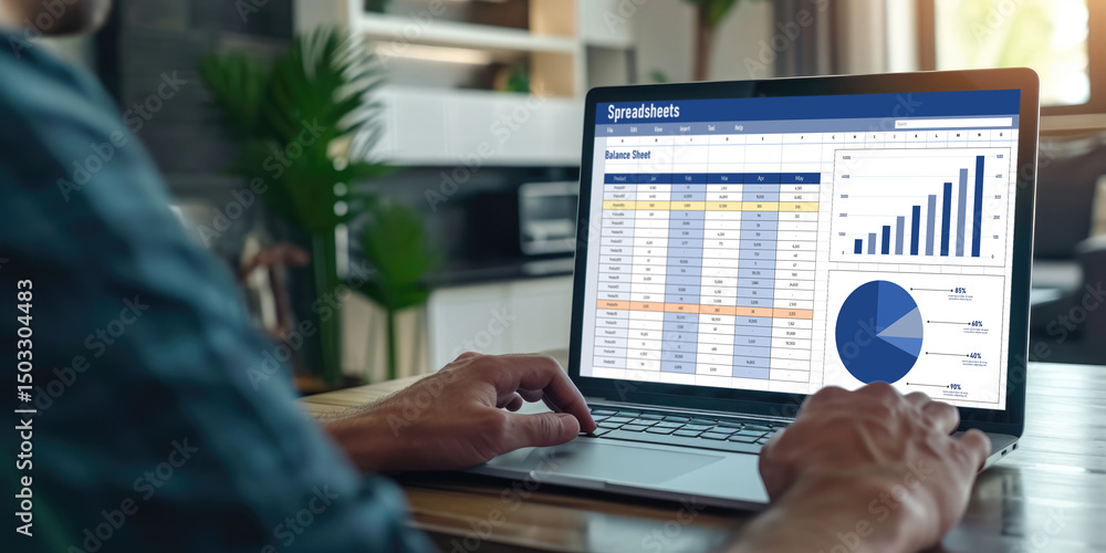 Poster spreadsheet document information financial startup concept. data and graphs in spreadsheet documents