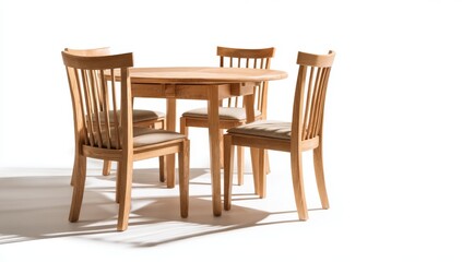 A round wooden dining table with four chairs.