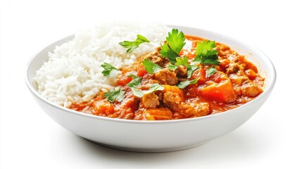 Tomato bredie, a slow-cooked lamb and tomato stew, steaming in a white bowl with a side of rice, all against a white background.