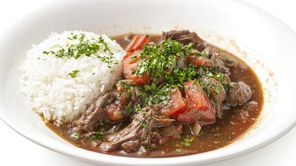 Tomato bredie, a slow-cooked lamb and tomato stew, steaming in a white bowl with a side of rice, all against a white background.
