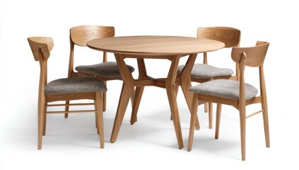 A round wooden dining table with four chairs.