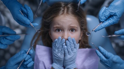 A little scared girl sitting on the dentist's chair.