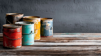 A row of old paint cans are sitting on a wooden table