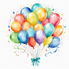 Colorful watercolor balloons bundled together with a ribbon and confetti. Festive celebration or party concept for greeting card.