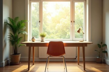Empty chair at desk facing window, sunlit room, quiet, isolated, perspective