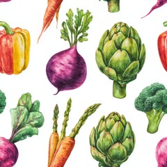 A watercolor illustration of various vegetables on white background.