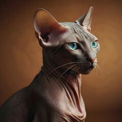 Hyper-realistic portrait of a Sphynx cat with blue eyes, detailed skin folds, warm dramatic lighting, and a soft brown background