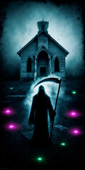 Grim reaper figure in dark hood with a scythe standing in front of an old scary church. Halloween spooky spirit.