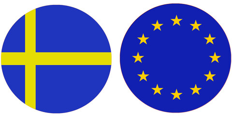 Sweden Official Flag with European Union or Europe National flag, both countries flags are in Round shape and isolated on white background, Circular colorful design Flag with together.