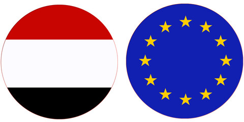 Yemen Official Flag with European Union or Europe National flag, both countries flags are in Round shape and isolated on white background, Circular colorful design Flag with together.
