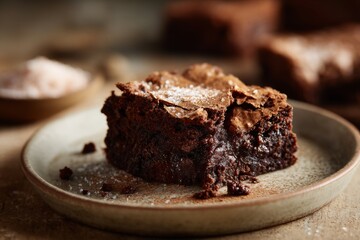 Chocolate brownie with a cracked top and gooey interior on a plate.