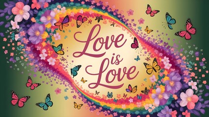 Love is Love text englazed over a rainbow background decorated with flowers and butterflies, Pride Month celebrations, LGBTQ art