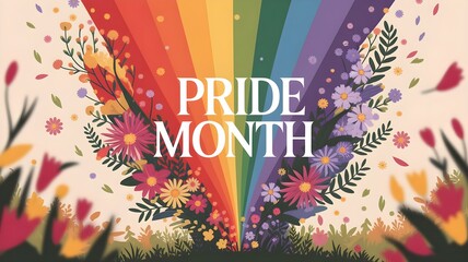 Pride month text englazed over a rainbow background decorated with flowers, Pride Month celebrations, LGBTQ art