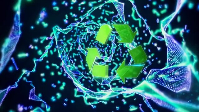 Glowing recycling symbol on vibrant wave pattern background environmental awareness animation