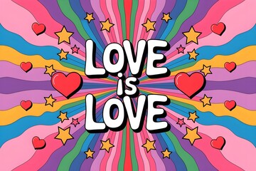 Love is Love text englazed over a rainbow background decorated with hearts and stars, Pride Month celebrations, LGBTQ art