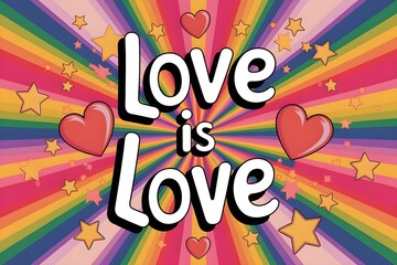 Love is Love text englazed over a rainbow background decorated with hearts and stars, Pride Month celebrations, LGBTQ art