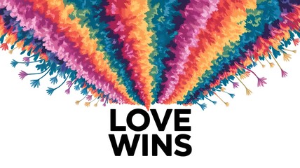 Love Wins text englazed over a rainbow background decorated with flowers, Pride Month celebrations, LGBTQ art