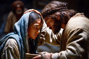A woman touch Jesus Christ clothes and is healed.