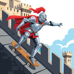 Knight in shining armor skateboarding down castle wall with red cape flowing dynamic action 