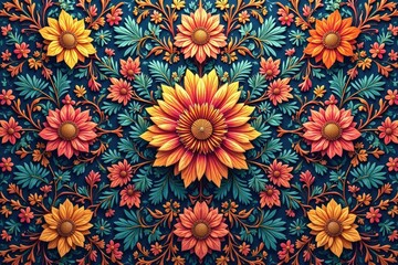 Intricate floral textile design, repeating motif, fabric, art