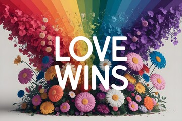 Love Wins text englazed over a rainbow background decorated with flowers, Pride Month celebrations, LGBTQ art