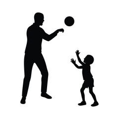  vector silhouette of a dad and son playing with ball on white background