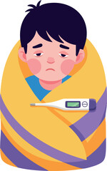 Sick child wrapped in yellow and purple blanket with thermometer vector illustration 