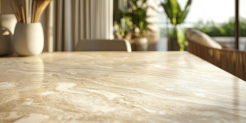 Beige marble table top, sunlit interior