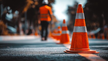 Traffic cones on an empty road with a construction worker in the background.