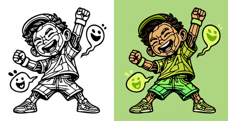 A cartoon boy is jumping up and down with a ghost in the background. The ghost is smiling and the boy is smiling too