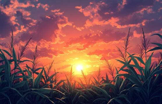 beautiful sunset over cornfield with vibrant green leaves, showcasing growth and vitality of crops