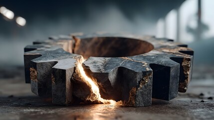 A broken metal gear with visible cracks and light emitting from the fractures on a blurred background