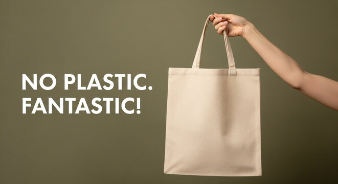 Woman holding reusable cotton shopping bag with slogan “no plastic fantastic”. Eco-friendly concept of zero waste and sustainable living International Plastic Bag Free Day - Powered by Adobe