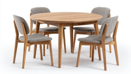 A round wooden dining table with four chairs.