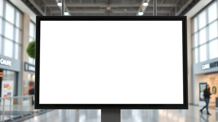 Fototapeta premium Digital media blank white screen modern panel signboard for advertisement design in shopping centre gallery, mockup with blurred background