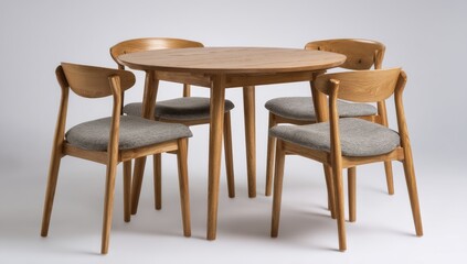 A round wooden dining table with four chairs.