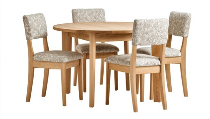 A round wooden dining table with four chairs.