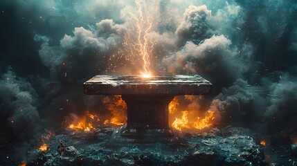 Stone altar with lightning strike surrounded by fire and stormy clouds in a dark environment