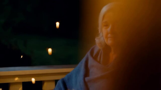 A warm and inviting atmosphere as an older White woman draped in a blue shawl enjoys a serene evening on the porch, subtly illuminated by lantern light
