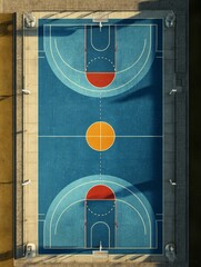 Top view of a basketball court in blue and red color.
