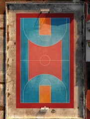 Top view of a basketball court in blue and red color.