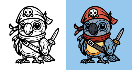 A cartoon of a pirate bird with a pirate hat and a sword. The bird is holding a knife and a sword