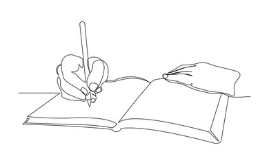 Continuous line drawing of hand writing on book paper with pen. Vector illustration sketch business education concept editable stroke