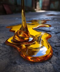 A glossy puddle of honey on the ground. 