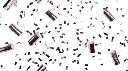 Silver and pink confetti falling on transparent background