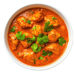 Fototapeta premium Bowl of delicious looking chicken curry with herbs on transparent background