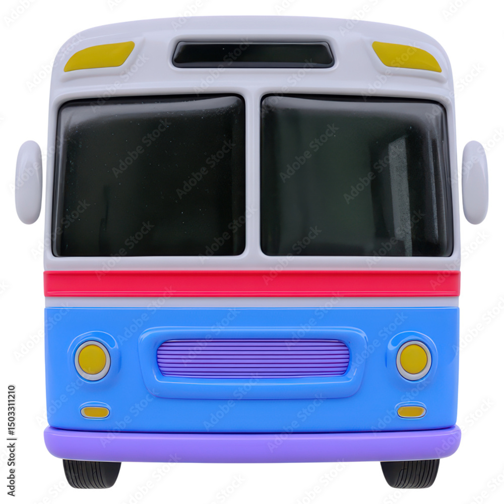Poster front view of colorful cartoon bus with bold design and cute features, isolated on transparent backg