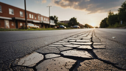 Cracked asphalt road. Damaged road texture. Close up of cracks on asphalt surface