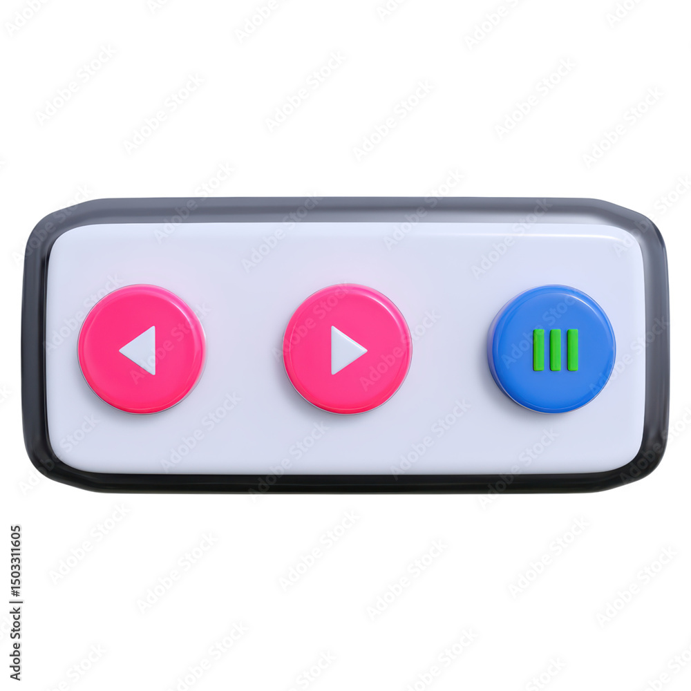 Poster colorful play pause and skip buttons on a modern media controller, isolated on transparent backgroun