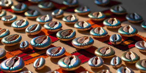 Obraz premium Bright Display of Shells on Ethnic Textile Design